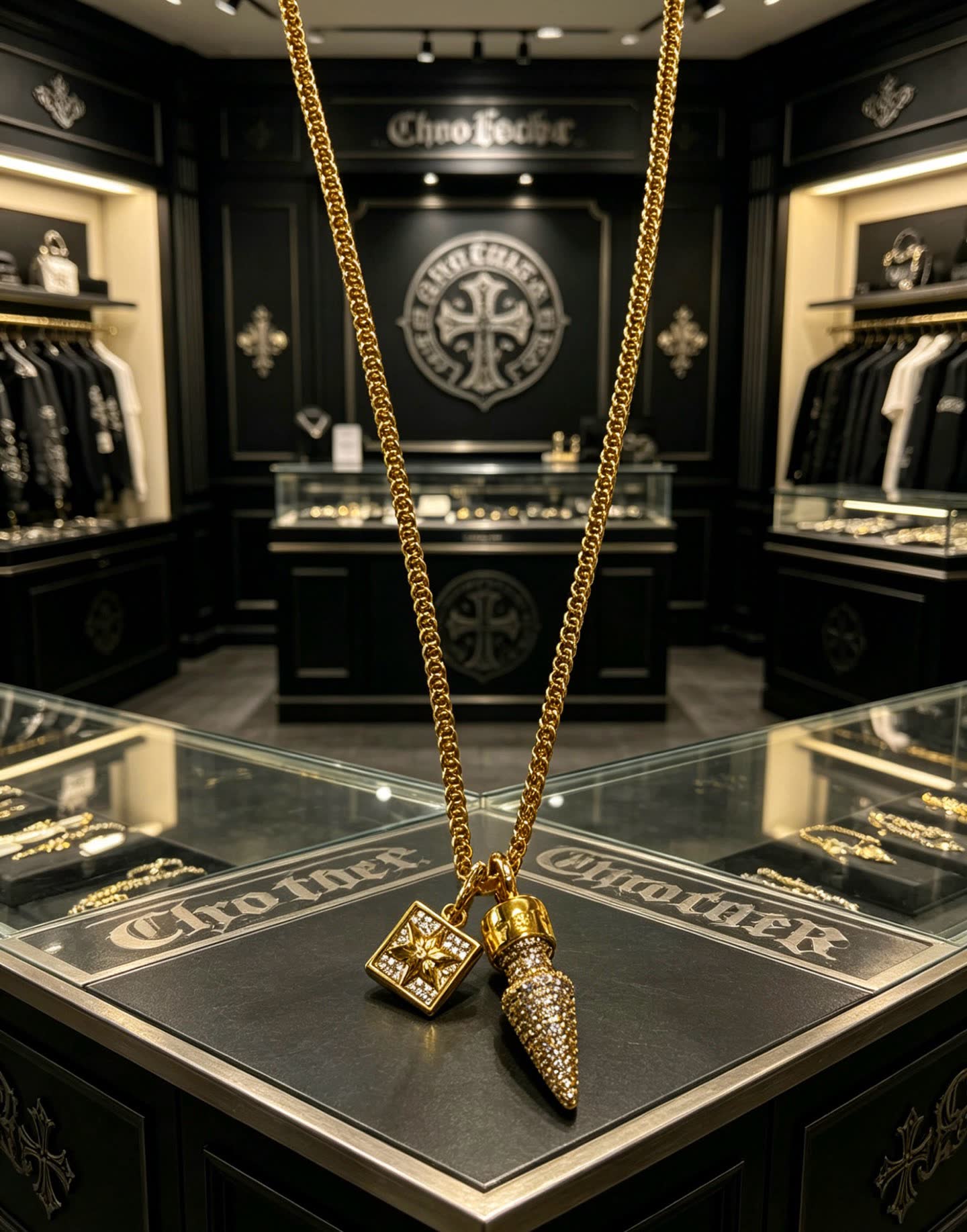 Chrome Hearts Gold Plated Diamond-Studded Necklace with Star and Spike Pendant
